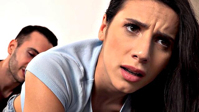 STUCK4K. Horny stud pulls brunettes panties down to fuck tight pussy