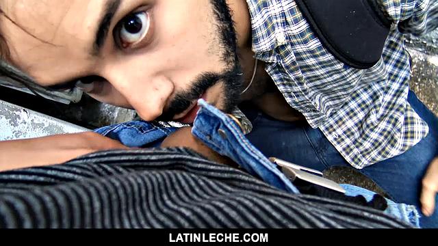 bearded venezuelan stud deep throats and gets raw fucked in the alley for cash