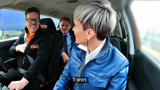 Bigtit inked babe rides in the car after enjoying oral