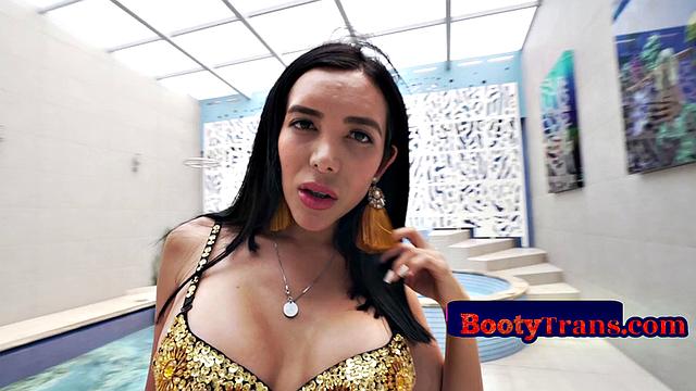 Latina with tattoos begs for cock before getting barebacked in pool