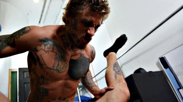 Tattooed hairy hunk drilled in anal in missionary