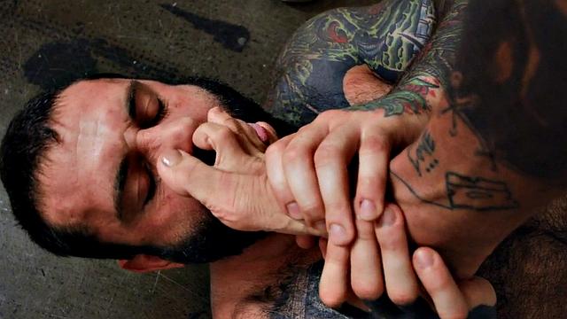 Tattooed hairy hunk drilled in anal in missionary