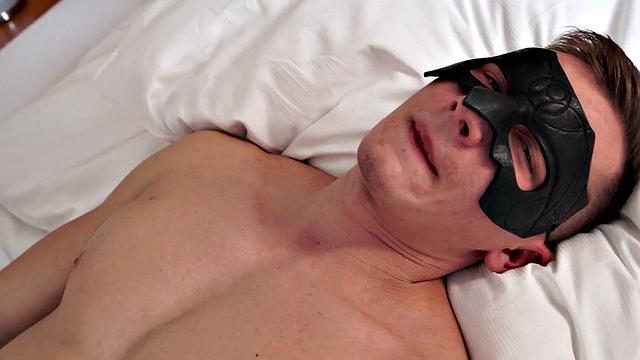 Masked handsome guy wanks cock before showering