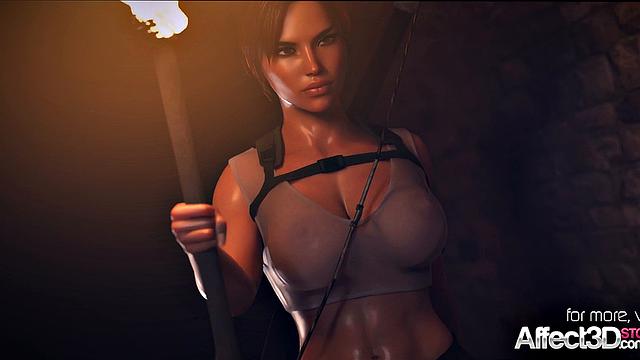 Raider Lara having a threesome in an ancient tomb in a 3D animation