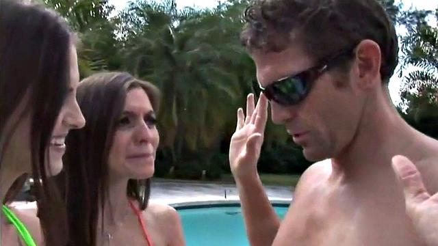 Small dick domina jerking sub outdoors in threesome