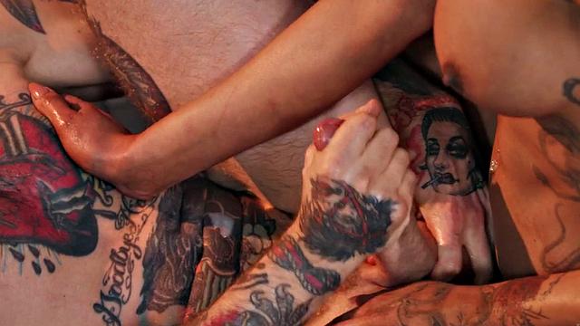 Tattooed redhead tgirl barebacking boyfriend