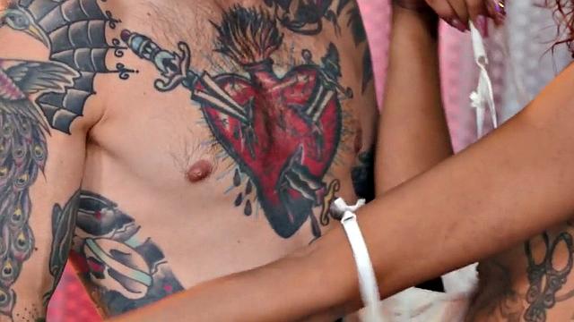 Tattooed redhead tgirl barebacking boyfriend