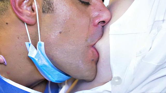 Get a close-up view of a ponytailed babe's mouth getting stuffed with cock and tongue