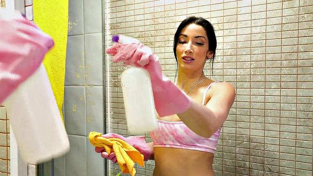 Watch this kinky maid give a sloppy blowjob before taking it up the ass in a steamy raunchy couple session