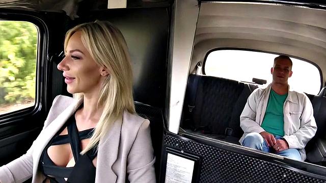 Bigboob taxi driver gets pussy licked and pounded on backseat