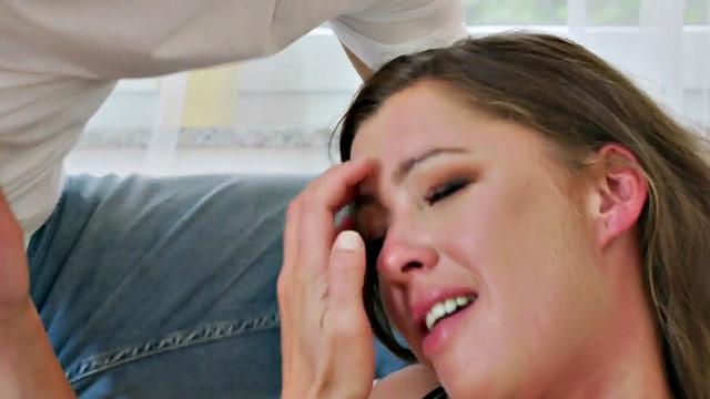 Babe deepthroats her man and gets fucked on couch