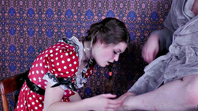 Foot-licking teen deep throats cock