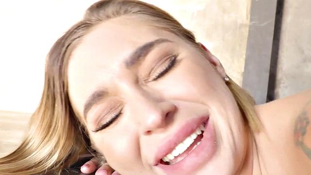 Blonde MILF with huge tits gets fingerfucked & pounded hard in reverse cowgirl position