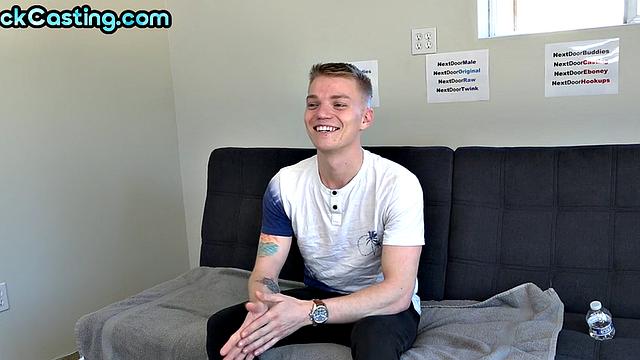 Real amateur stud with tattoos first time jerks on casting.