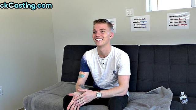 Real amateur stud with tattoos first time jerks on casting.