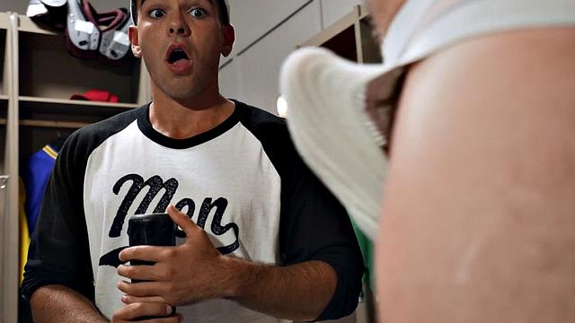 Sportive jock fucks stud in jockstrap in locker room