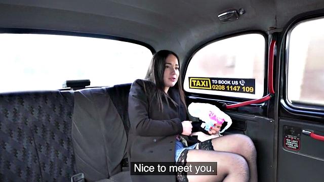 Hot brunette in stockings gets fucked hard in car outdoors for a cheap price