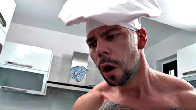 Bigtit beauty sucking chef's cock, then dickrides in kitchen