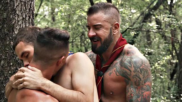 Scout hunks smashing petite twink in outdoor 3some