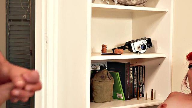 Voyeur redhead in lingerie teases BF while jerking cock