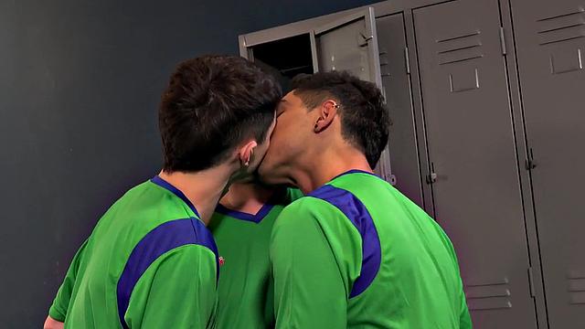 Sportive Hispanic boys enjoy locker room 3some till facial