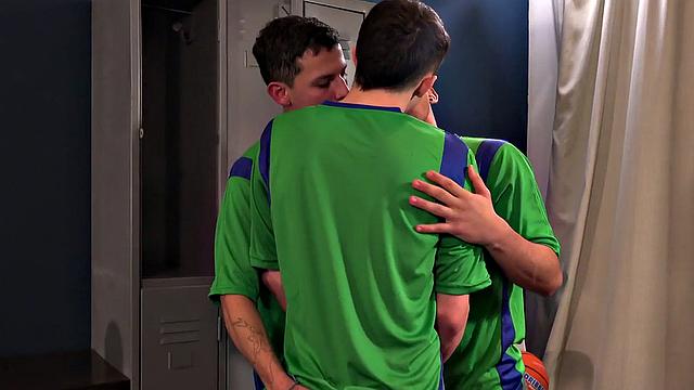 Sportive Hispanic boys enjoy locker room 3some till facial