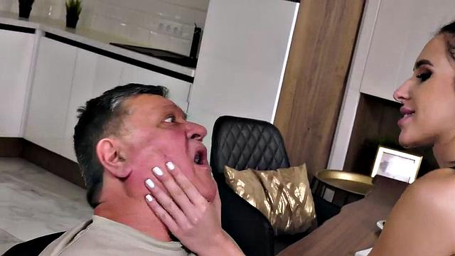 Old man fucks 21yo small boobs girl in twat in kitchen