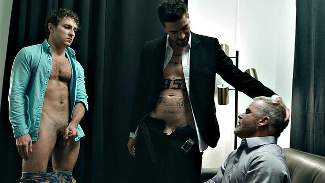 Office colleagues in bareback threesome action with DILF