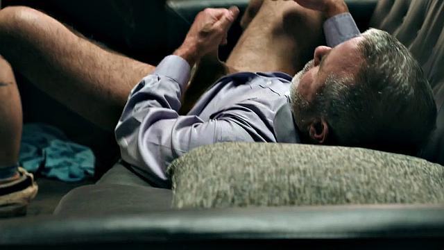 Office colleagues in bareback threesome action with DILF