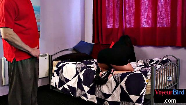 Voyeur busty MILF teases BF who jerks dick in front of her