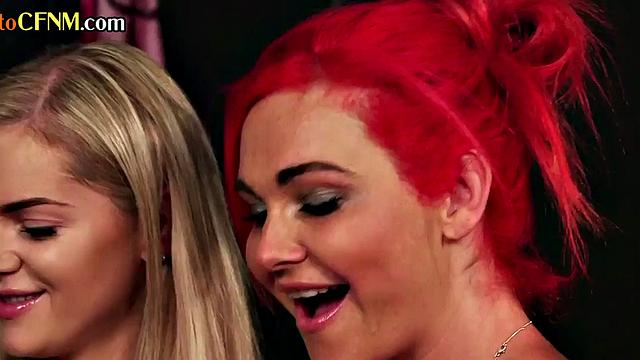 British CFNM femdoms give group handjob to lucky guy