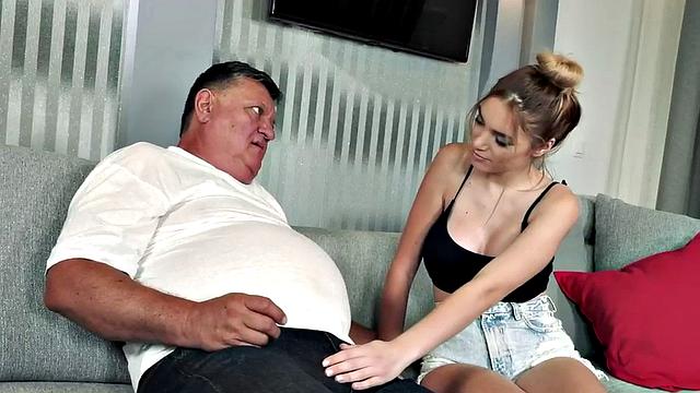Lucky grandpa pounding 21yo babe before cumshot in mouth