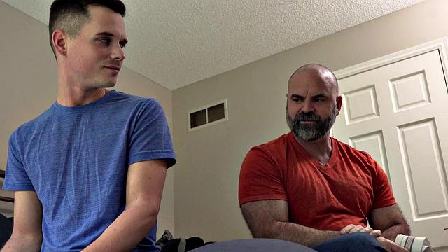 Massive hairy DILF barebacked by twink