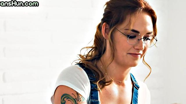 TS tattooed babe licks hairy GF during facesitting