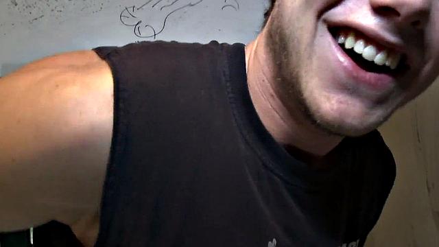 Fooled gloryhole cum on gay lips after blowjob