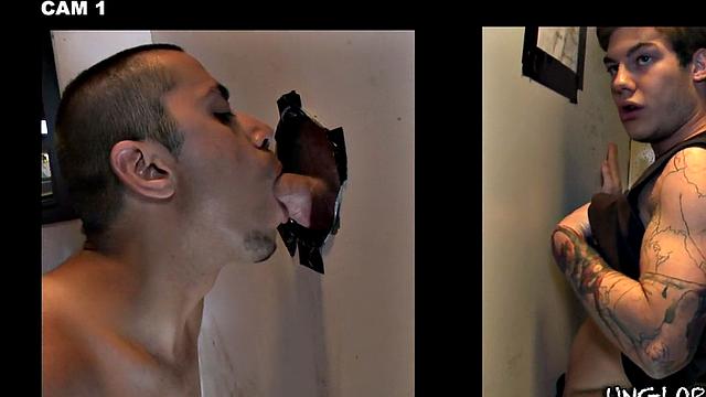 Fooled gloryhole cum on gay lips after blowjob