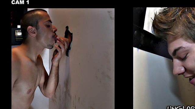 Fooled gloryhole cum on gay lips after blowjob