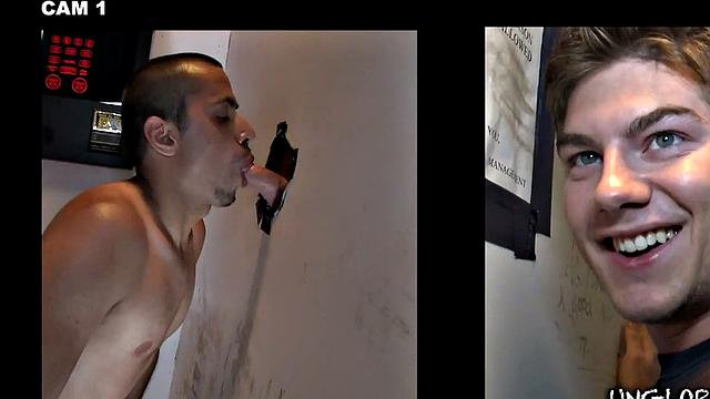 Fooled gloryhole cum on gay lips after blowjob