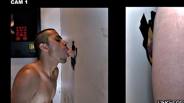 Fooled gloryhole cum on gay lips after blowjob