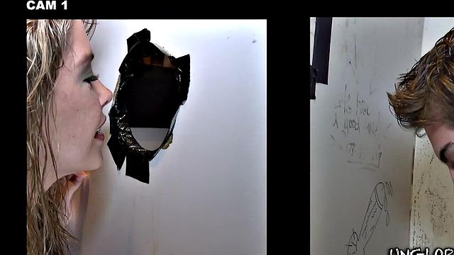 Fooled gloryhole cum on gay lips after blowjob