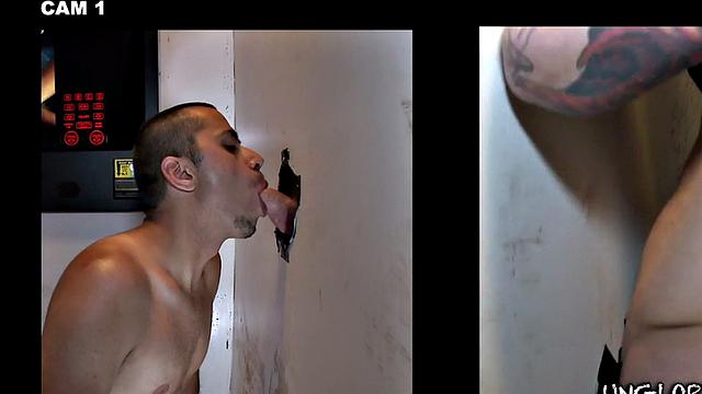 Fooled gloryhole cum on gay lips after blowjob