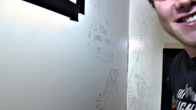 Fooled gloryhole cum on gay lips after blowjob