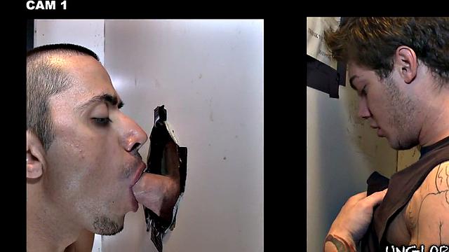 Fooled gloryhole cum on gay lips after blowjob