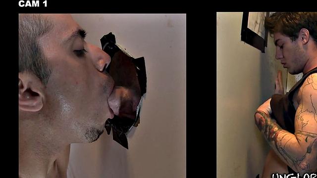 Fooled gloryhole cum on gay lips after blowjob