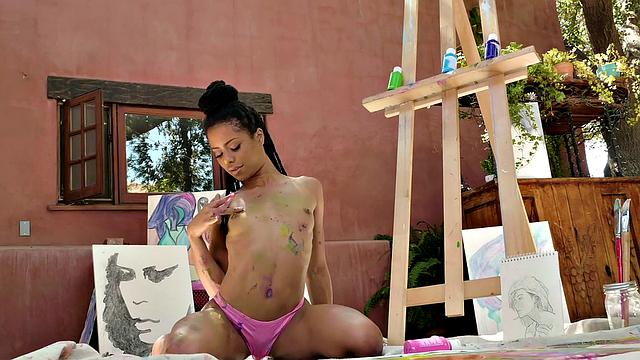 Watch this stunning artist's solo masturbation show with a pierced ebony babe and her tiny tits