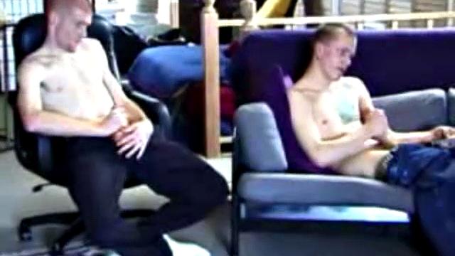 Tristian and Shane stroke side by side, cocks in hand, sharing a raw gay jerk off session