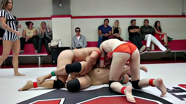 Lesbian Black and white wrestlers wrestling publicly
