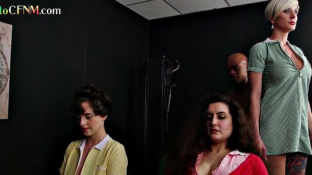 CFNM mesmerized college group HJ by British ladies