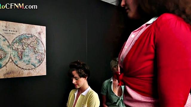 CFNM mesmerized college group HJ by British ladies