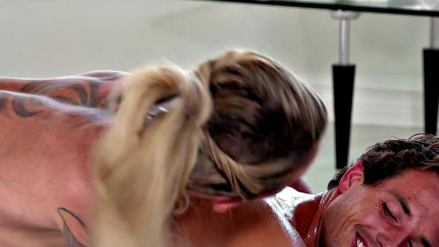 Massaging babe fucked by oiled cock in wet pussy hole